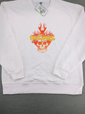 Aerosmith white sweatshirt with bold front graphic, logo, and flaming skull design.