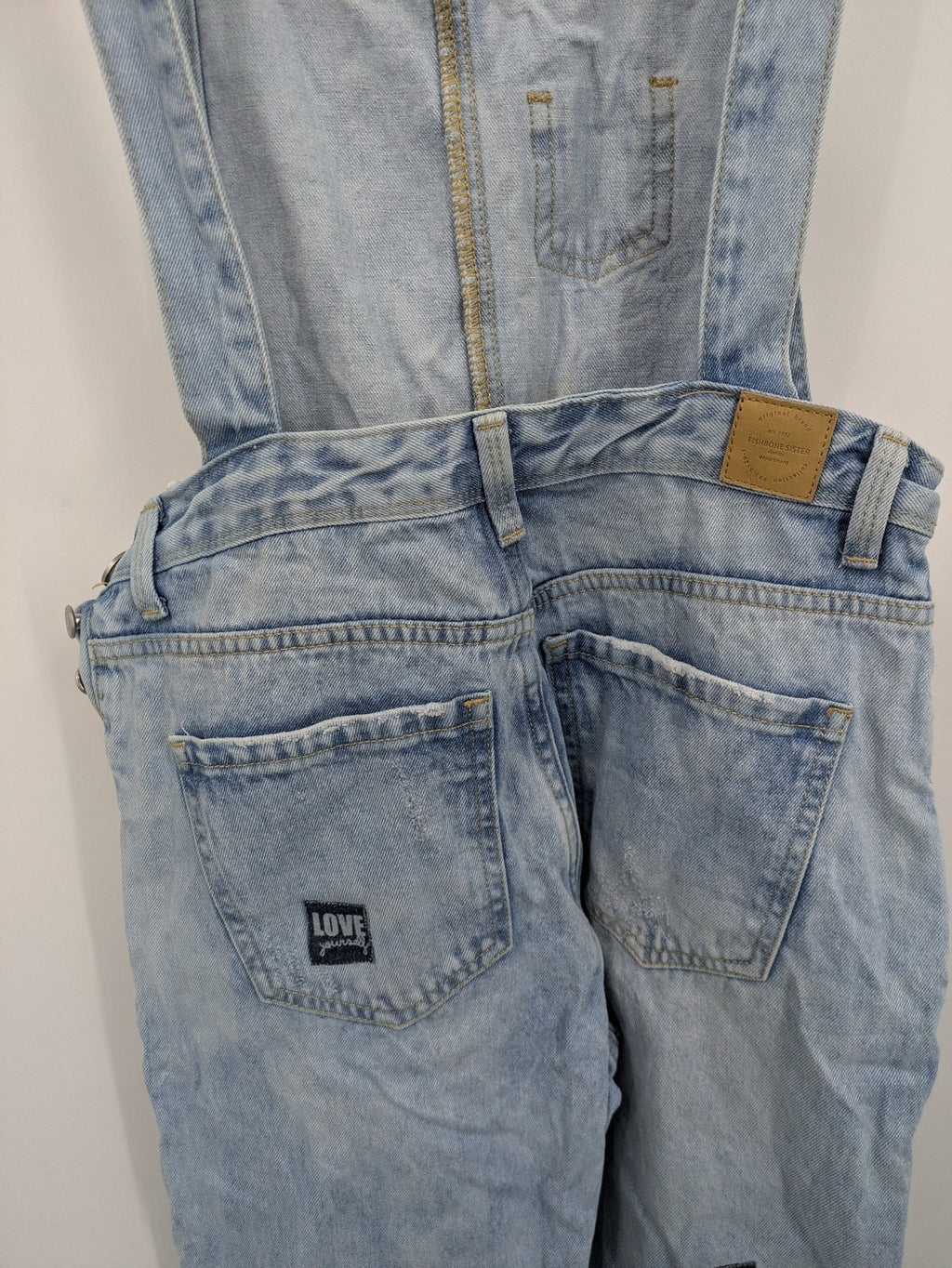 FB Sister blue straight jeans distressed patchwork design relaxed fit 100% cotton