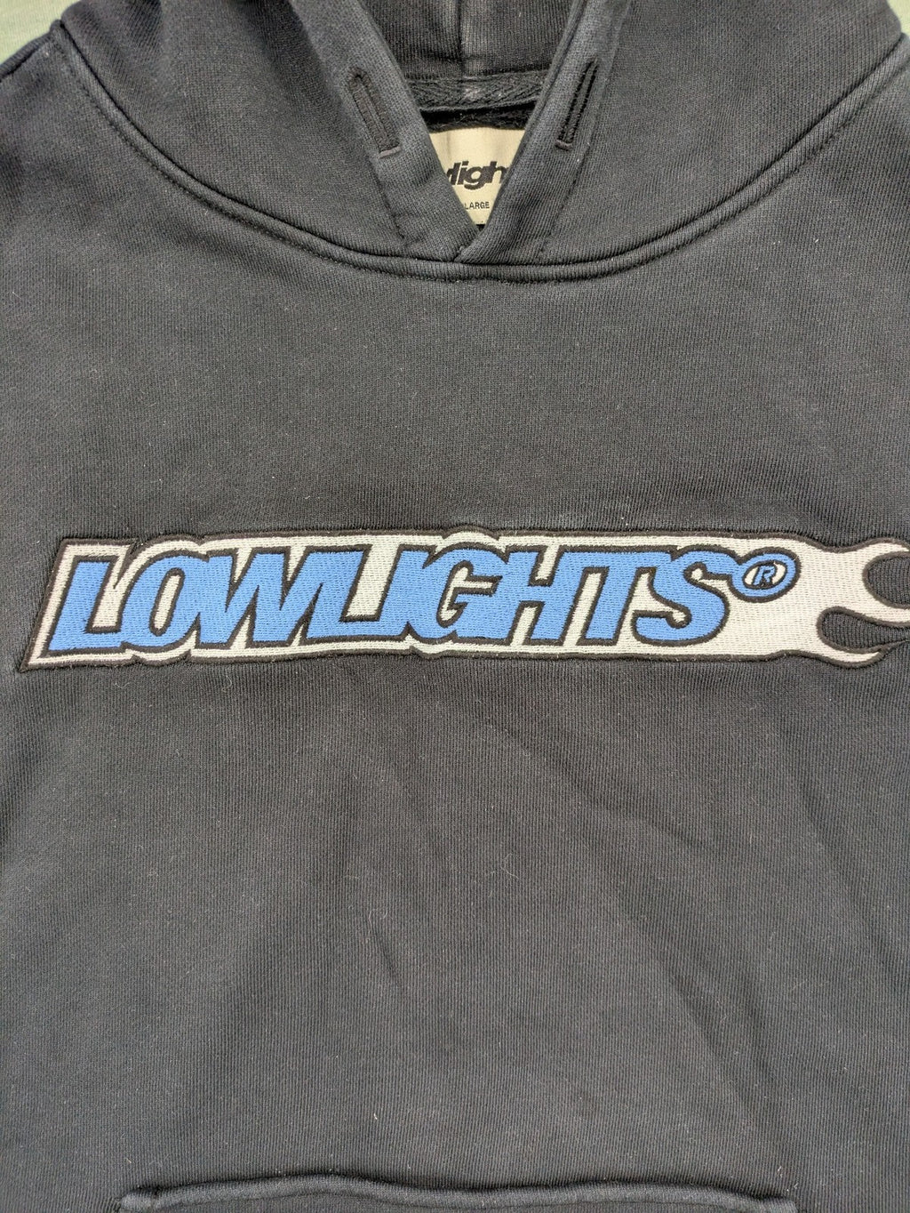 Lowlights Studios grey hoodie with embroidered logo and kangaroo pocket, 100% cotton.