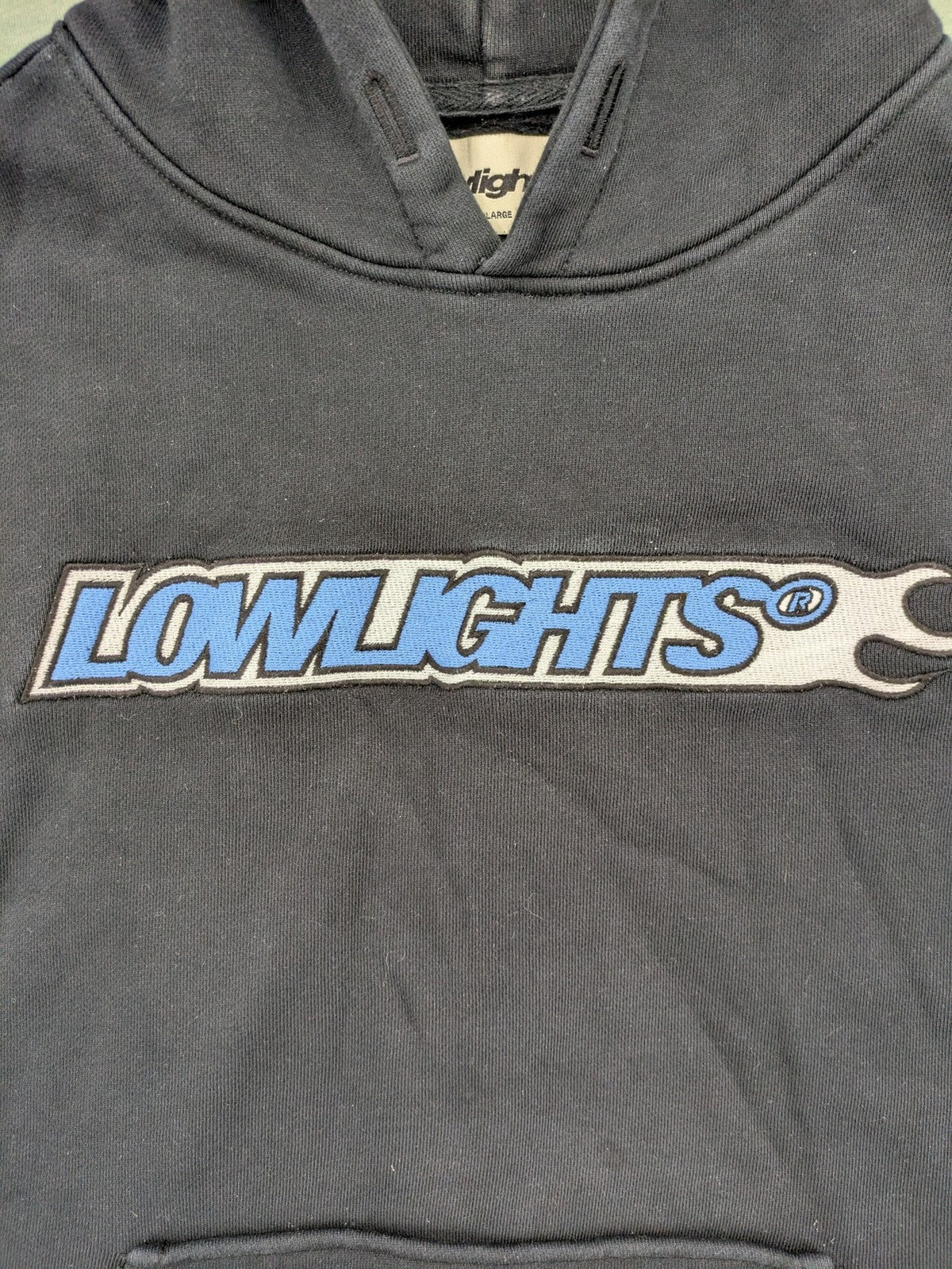 Lowlights Studios grey hoodie with embroidered logo and kangaroo pocket, 100% cotton.