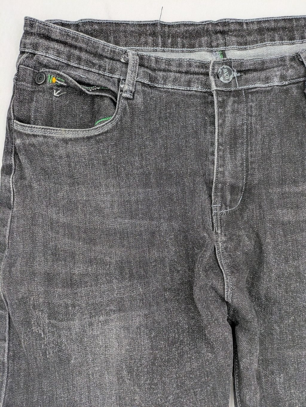 Denim straight jeans black grey washed stretch cotton 5-pocket design with logo details