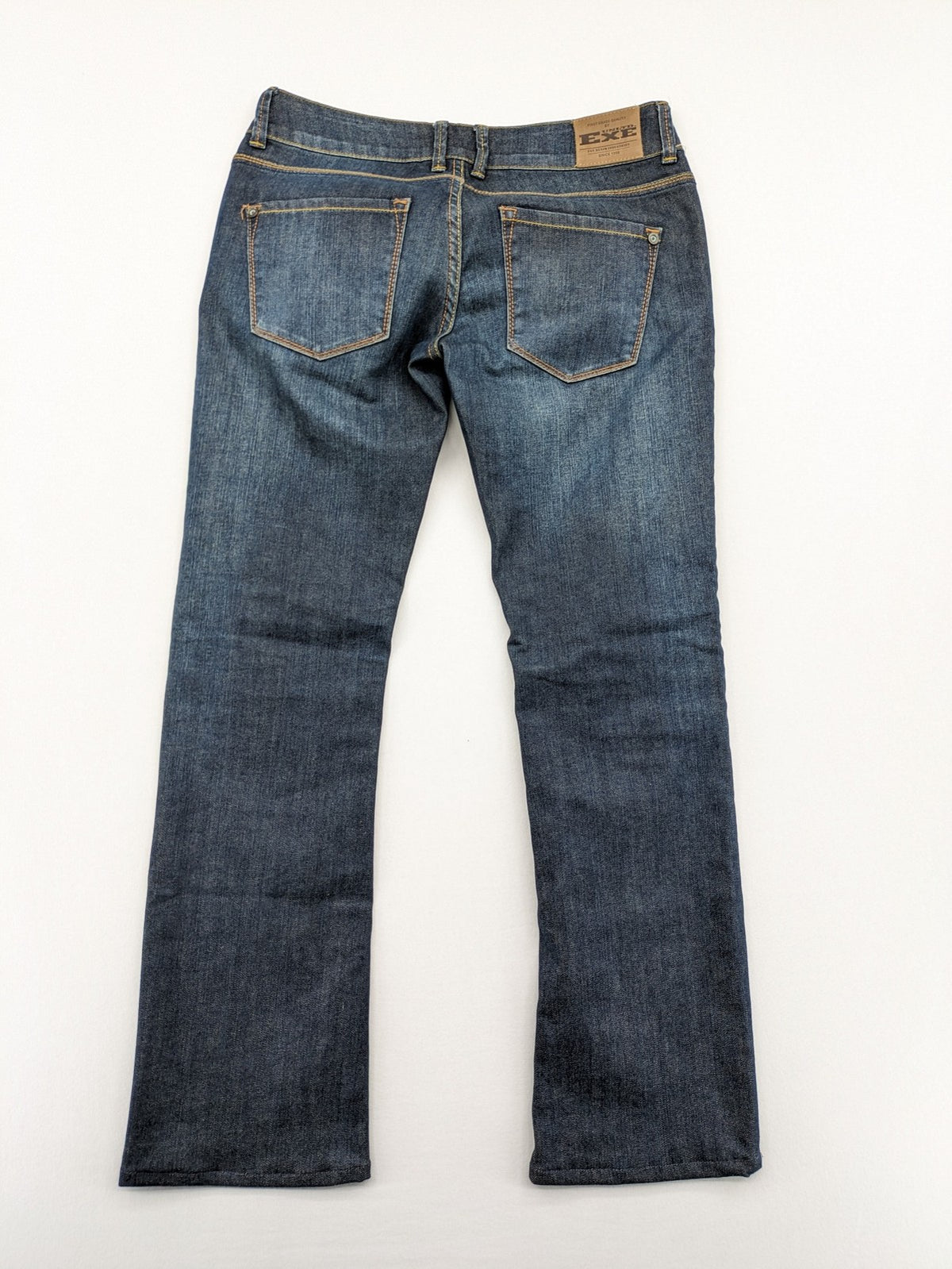 Exe blue straight jeans slim fit bootcut stretch denim with classic 5-pocket styling.