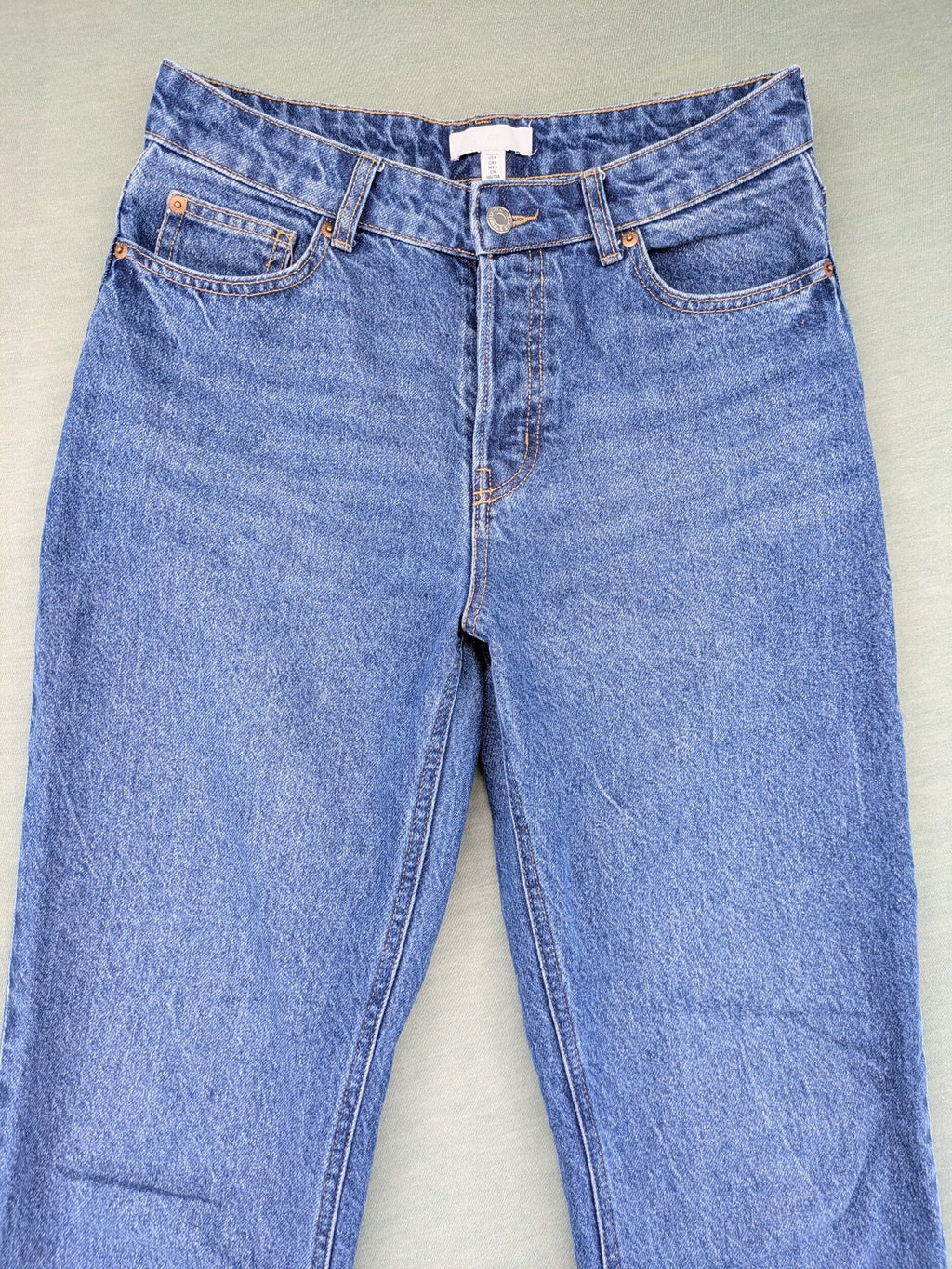 H&M blue straight jeans high rise button fly durable cotton vintage style