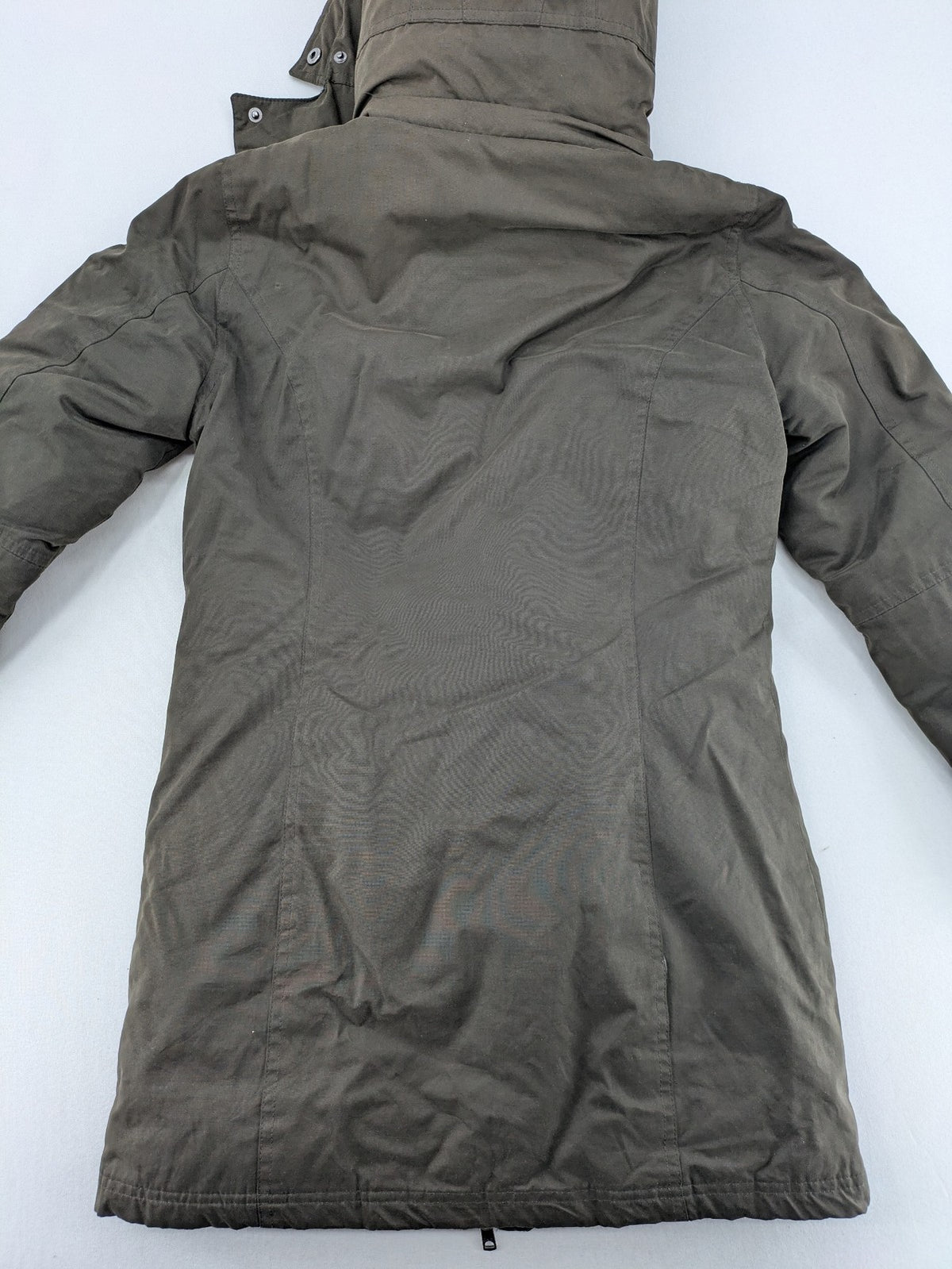 ONLY khaki parka coat with hood, quilted lining, and ribbed cuffs.