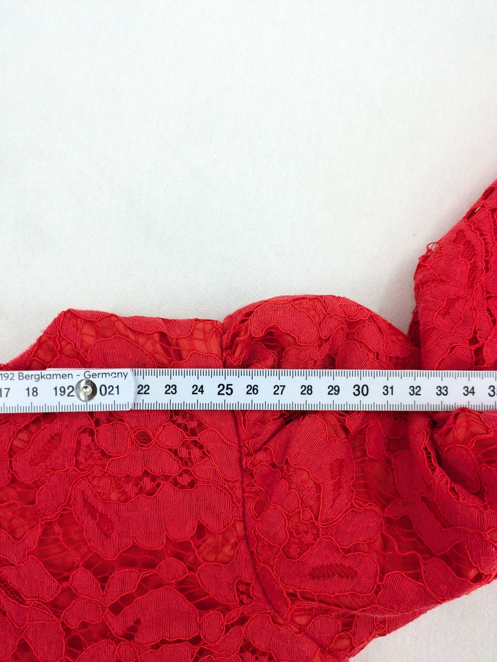 Perfekt red bridal party dress with floral lace bodice and tulle skirt, pearl embellishments.