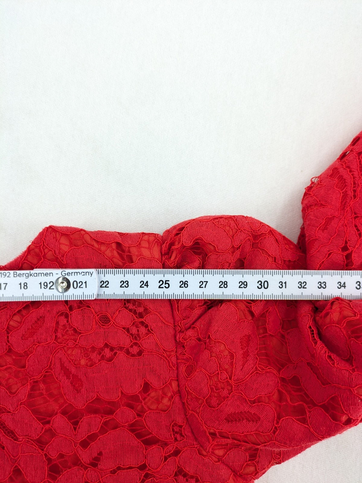 Perfekt red bridal party dress with floral lace bodice and tulle skirt, pearl embellishments.