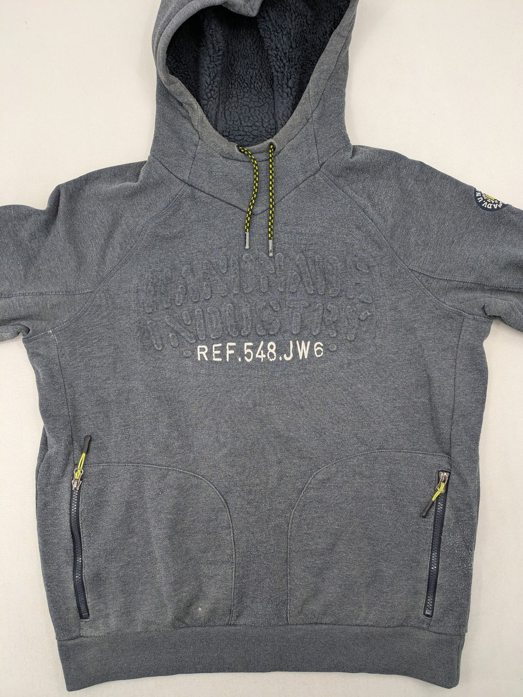 C&A grey hoodie with embossed chest logo, teddy-lined hood, and side zip pockets.