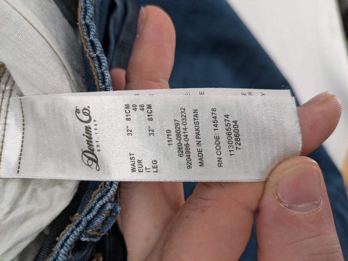 Denim & Co. blue straight fit jeans, classic 5-pocket design, button fly, cotton blend.