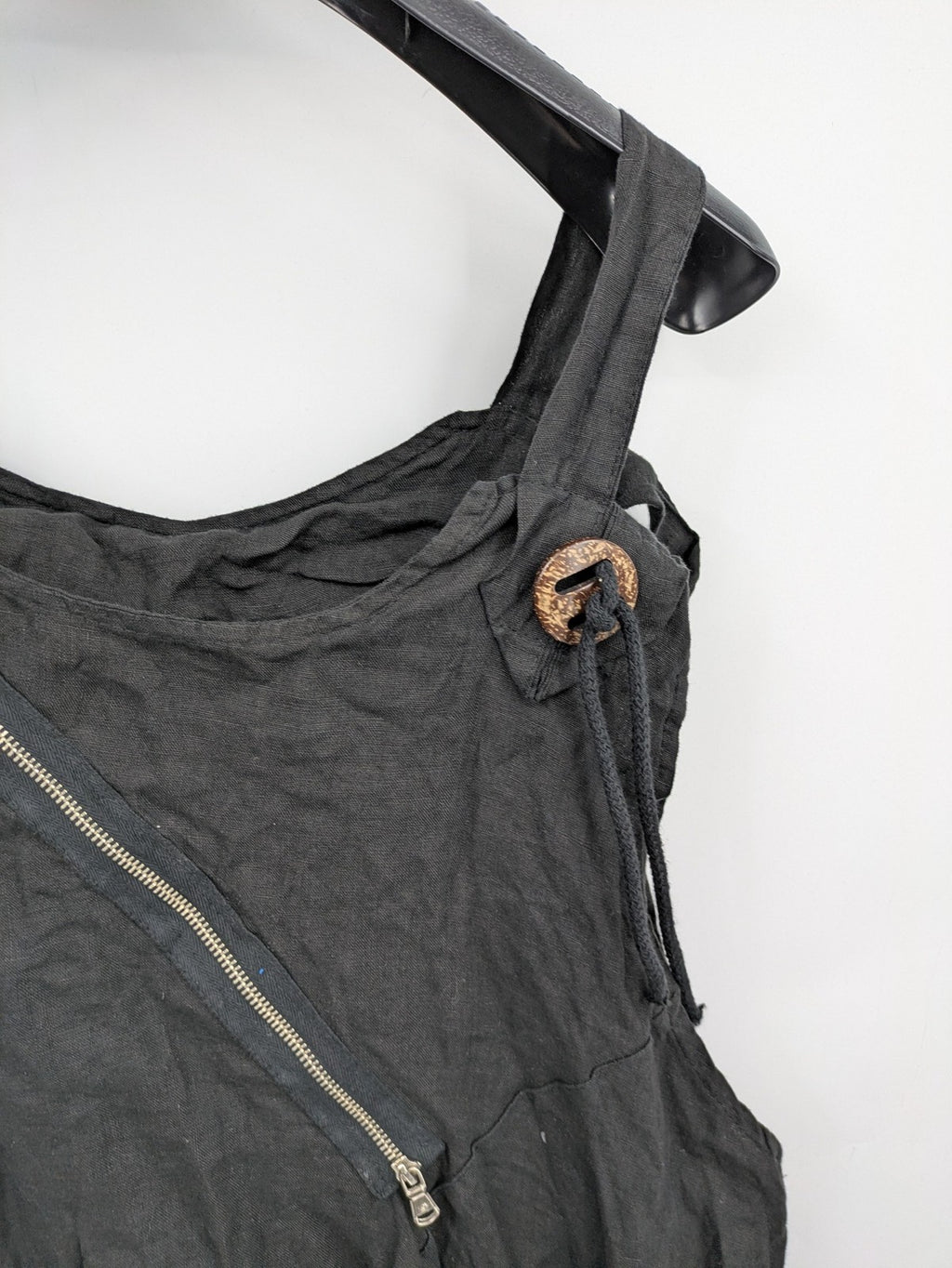 Lagenlook black linen bridal party dress asymmetrical cut with checkered hem and diagonal zipper.