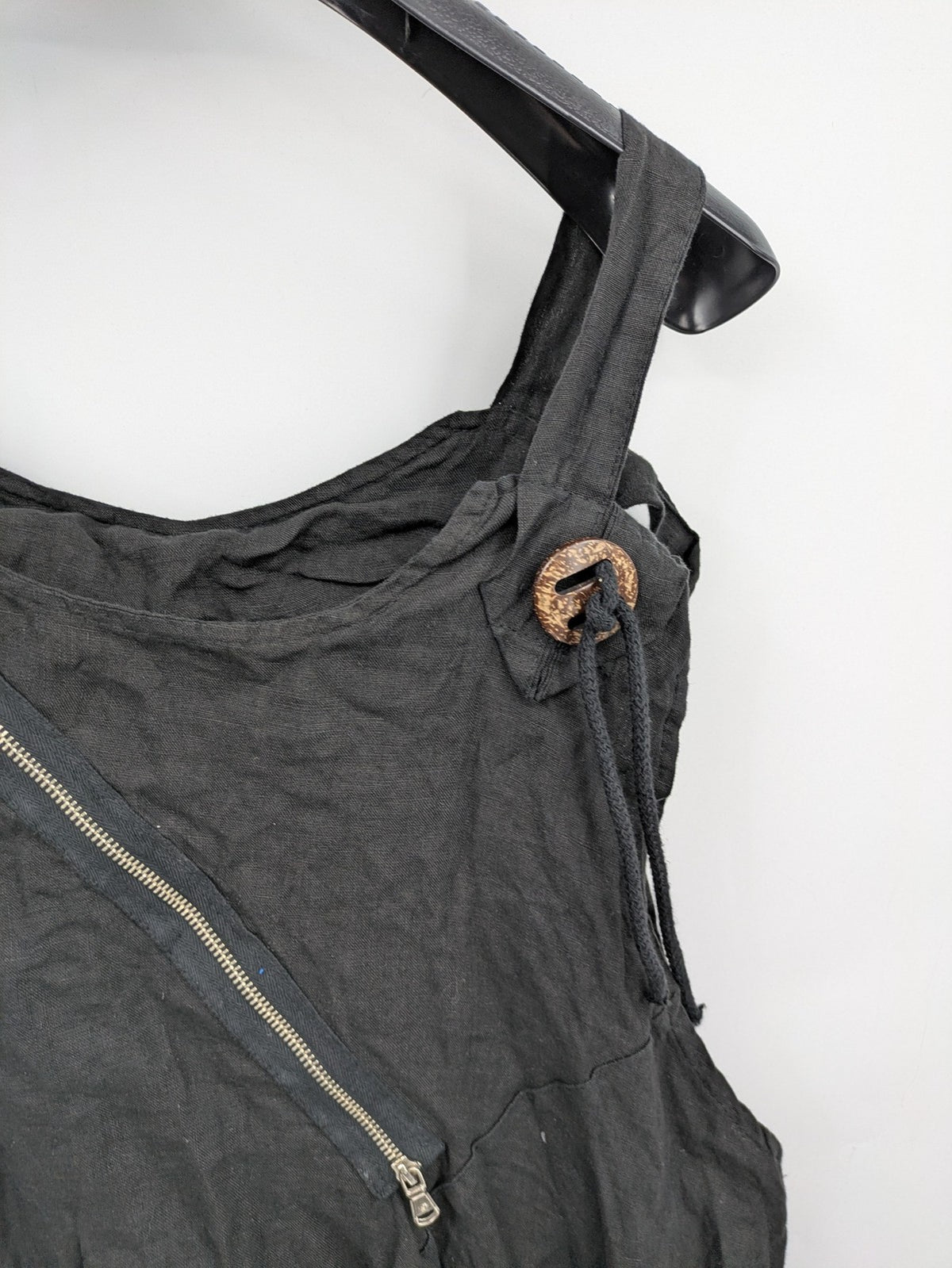 Lagenlook black linen bridal party dress asymmetrical cut with checkered hem and diagonal zipper.