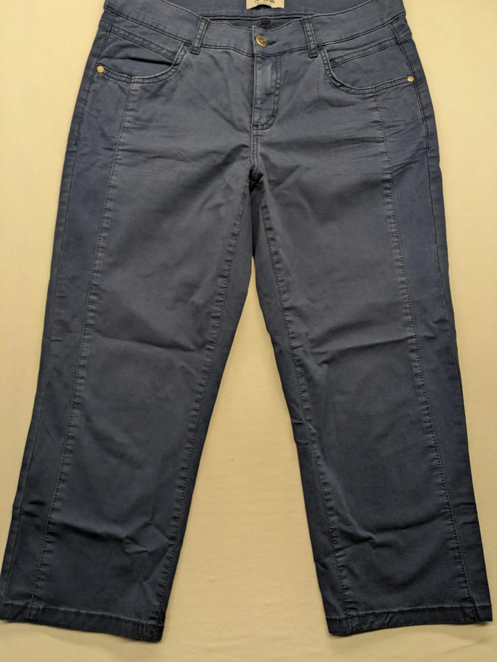 Angels blue straight jeans with five-pocket design and vertical front seams.