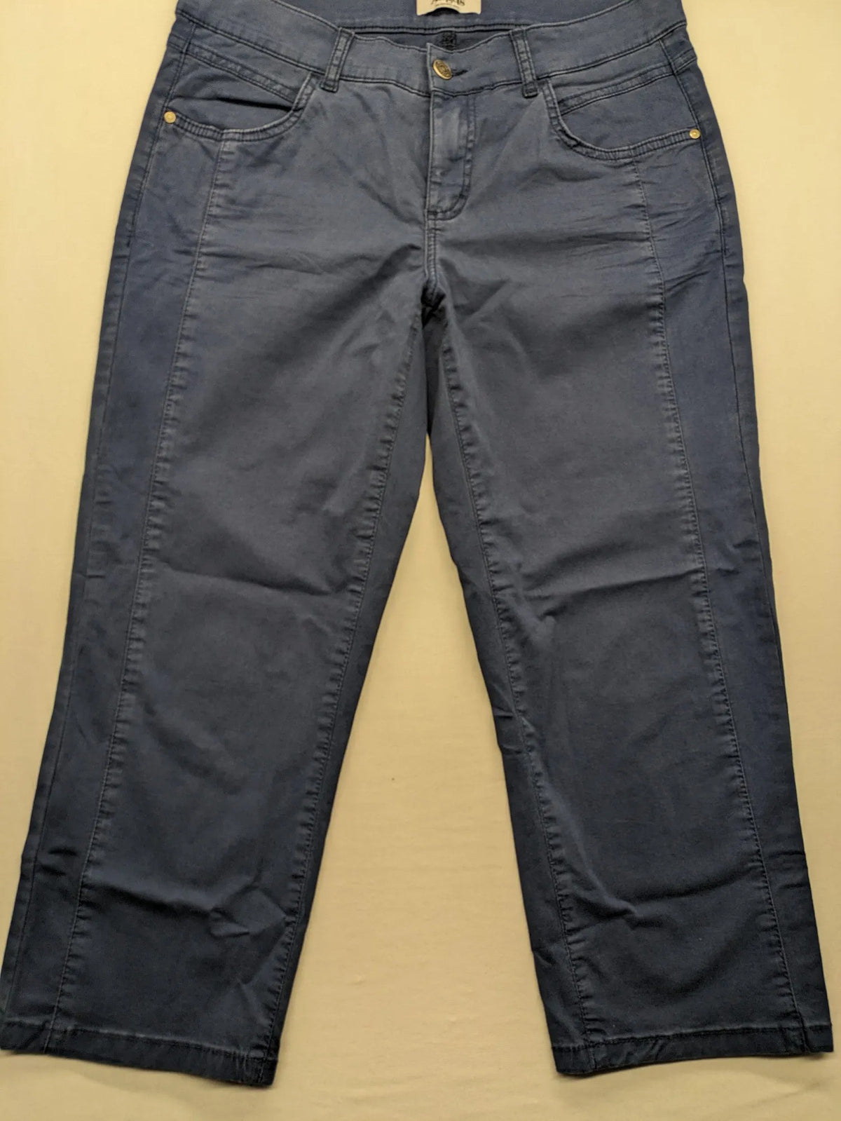 Angels blue straight jeans with five-pocket design and vertical front seams.