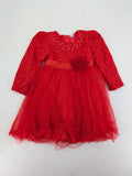 Perfekt red bridal party dress with floral lace bodice and tulle skirt, pearl embellishments.