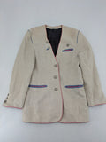 Damen Trachtenjacke beige linen look with pink and blue piping, decorative metal buttons, polka dot lining.