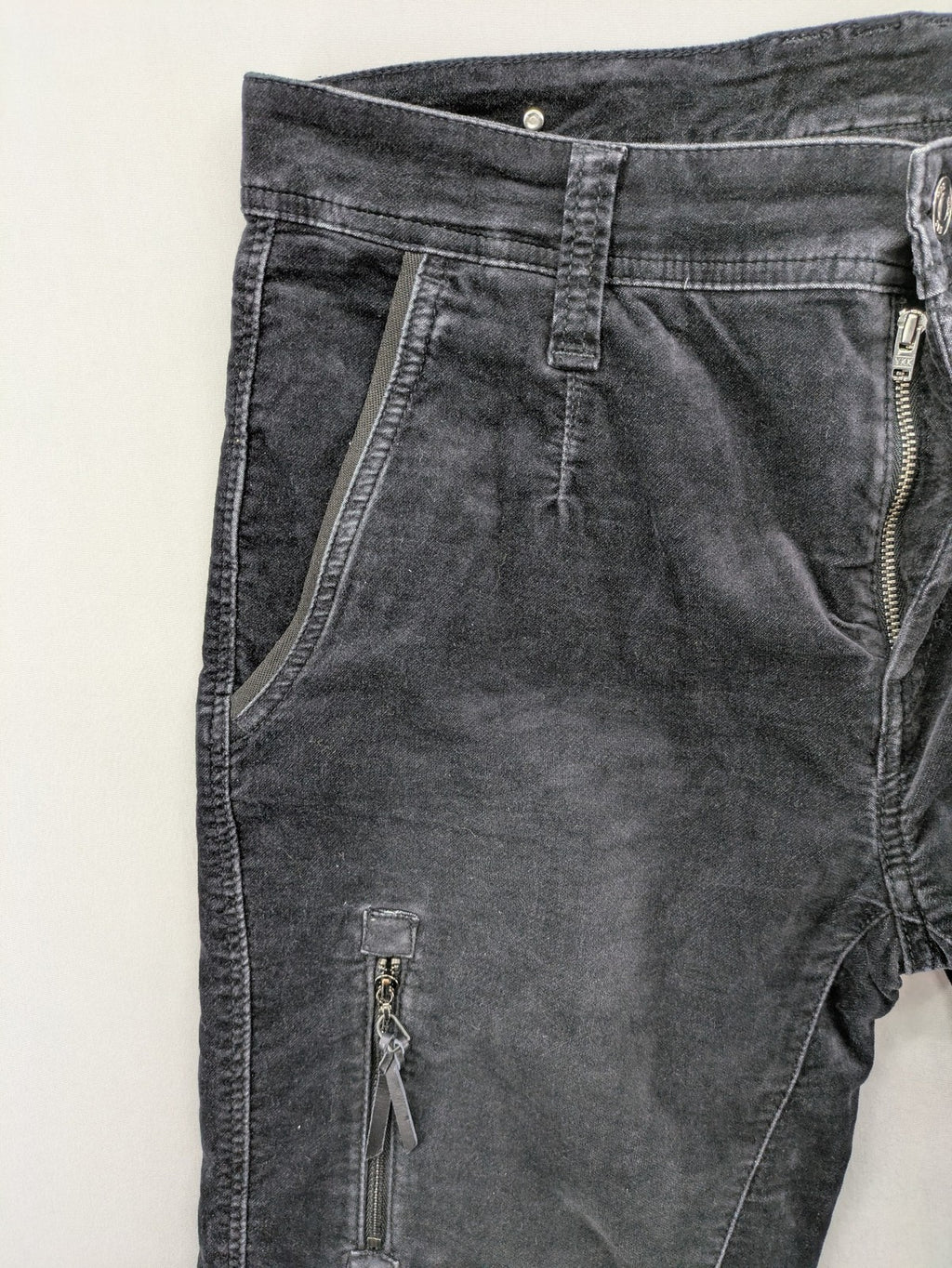 Mac Jeans grey cargo pants soft corduroy biker style with zipper details.