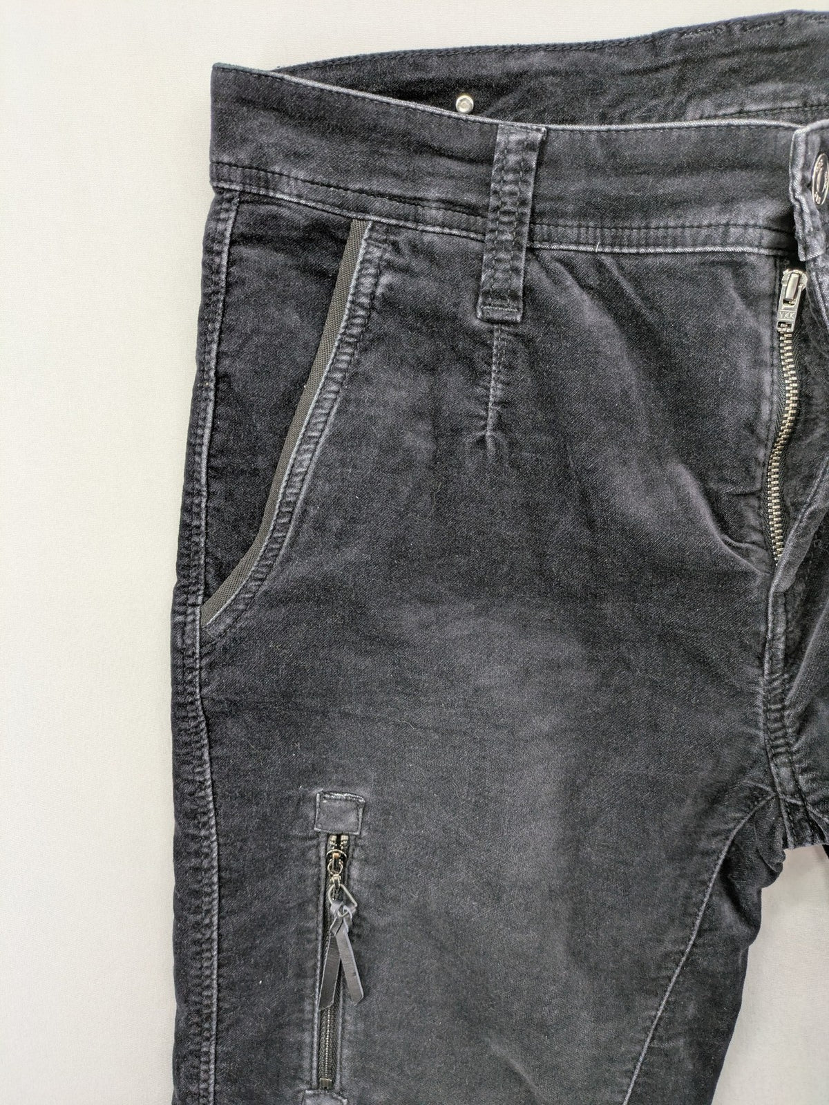 Mac Jeans grey cargo pants soft corduroy biker style with zipper details.