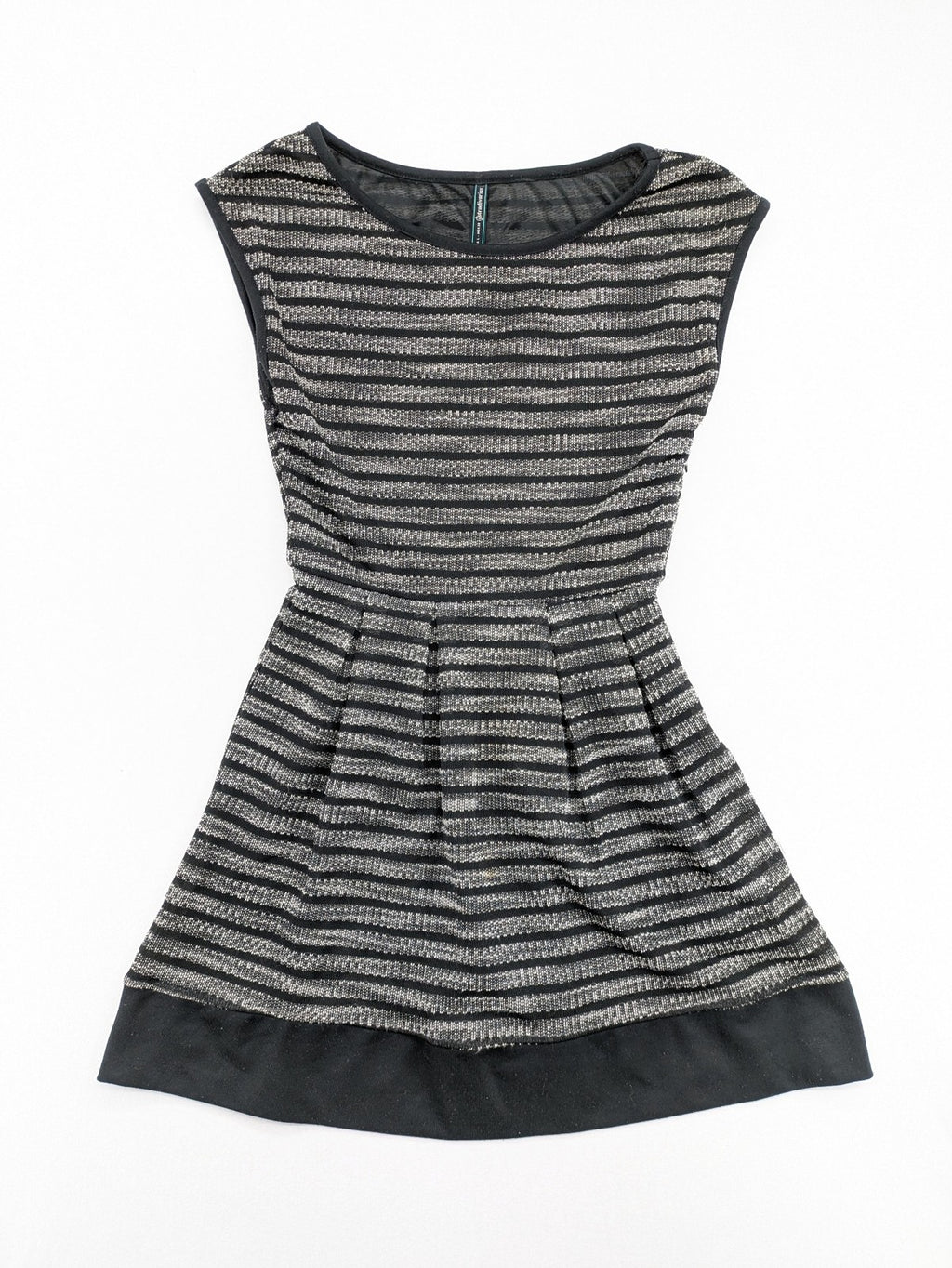 Stradivarius black and silver metallic fit and flare dress with sleeveless design and round neckline.