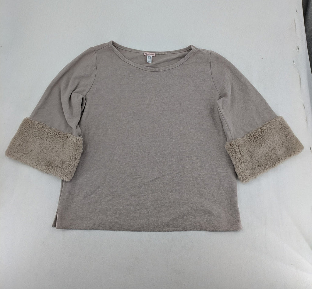Alba Moda beige turtle neck jumper with plush faux fur cuffs and 3/4 sleeves.