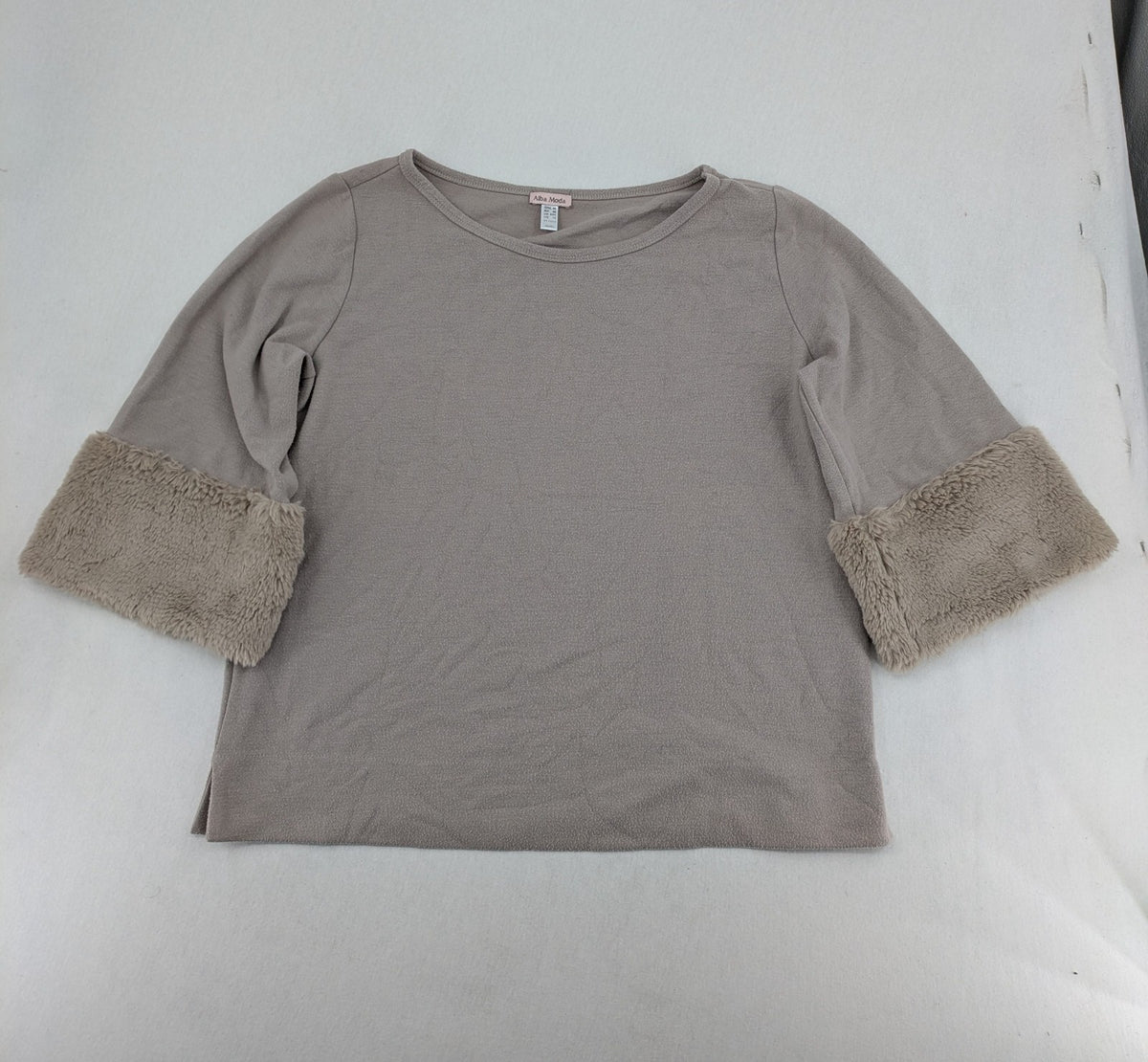 Alba Moda beige turtle neck jumper with plush faux fur cuffs and 3/4 sleeves.