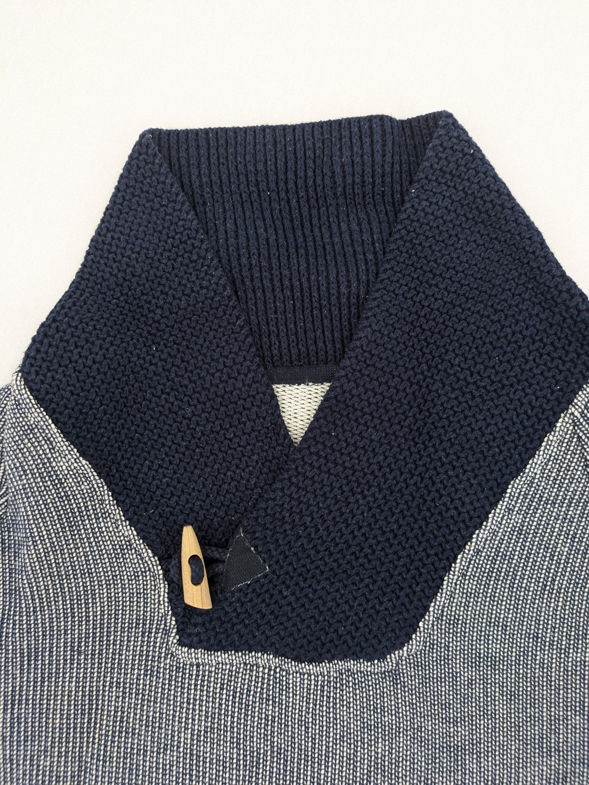Zara Man multi striped turtle neck jumper with dark blue knit collar and wooden toggle.