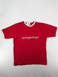 ck red t-shirt with white collar, "Aufregend.gut" print, classic ring style, cotton.