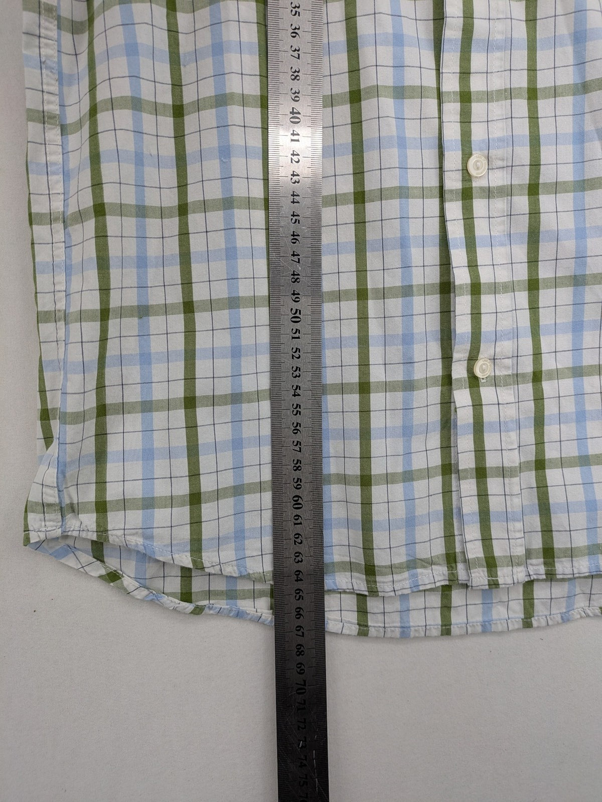 L.O.G.G green, blue, and white checked long-sleeve shirt with button placket and Kent collar.
