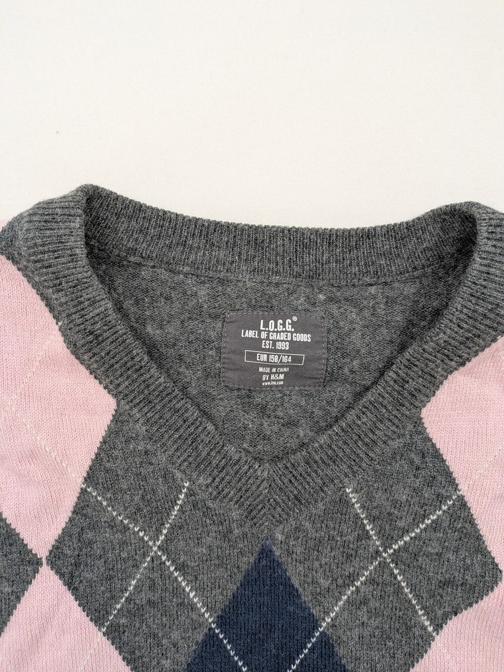L.O.G.G. pink turtle neck jumper argyle pattern in grey, pink, and navy wool blend.