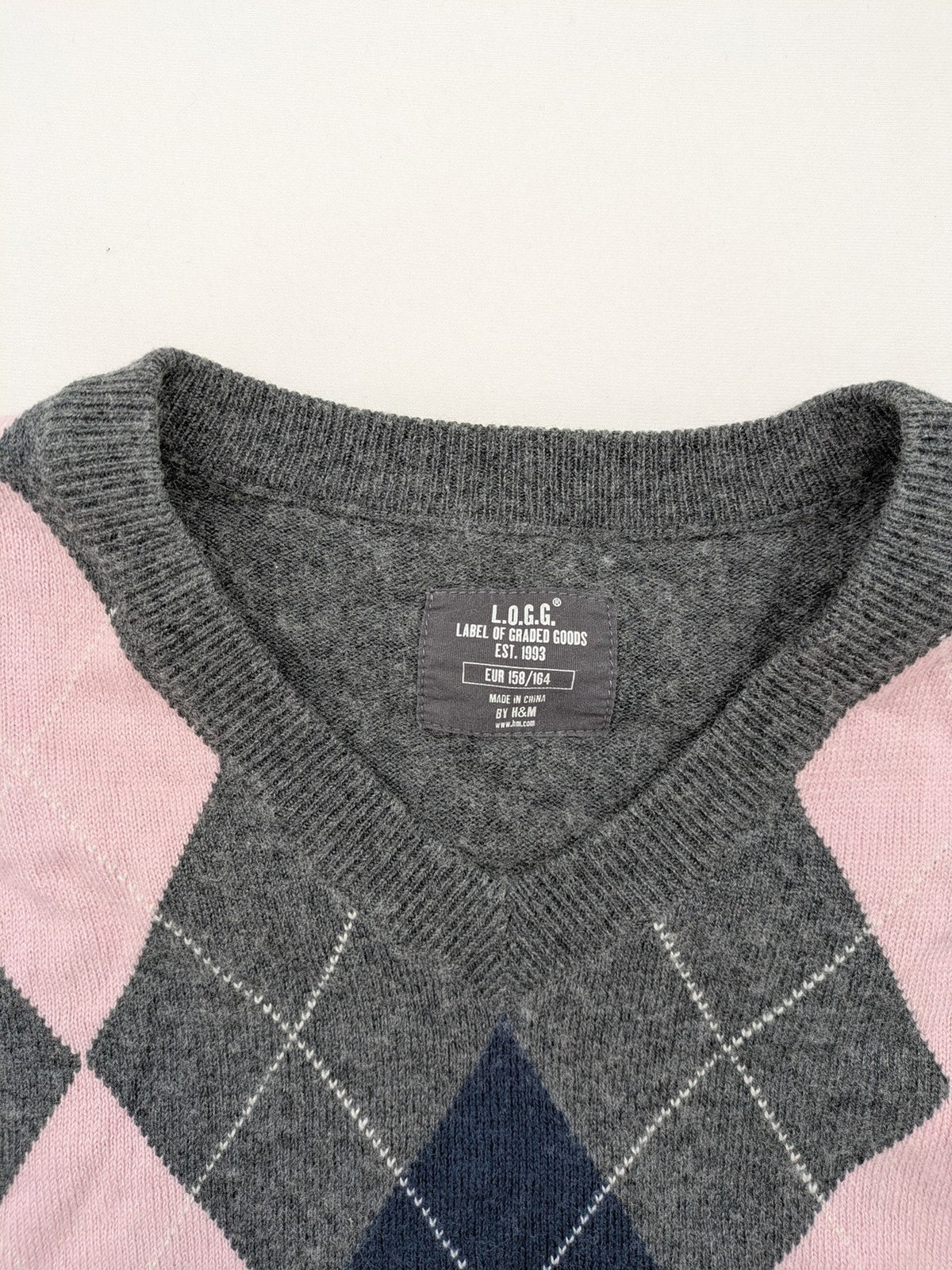 L.O.G.G. pink turtle neck jumper argyle pattern in grey, pink, and navy wool blend.