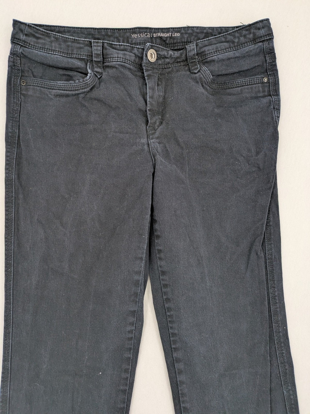 Yessica black straight leg jeans 5-pocket design cotton blend with stretch.