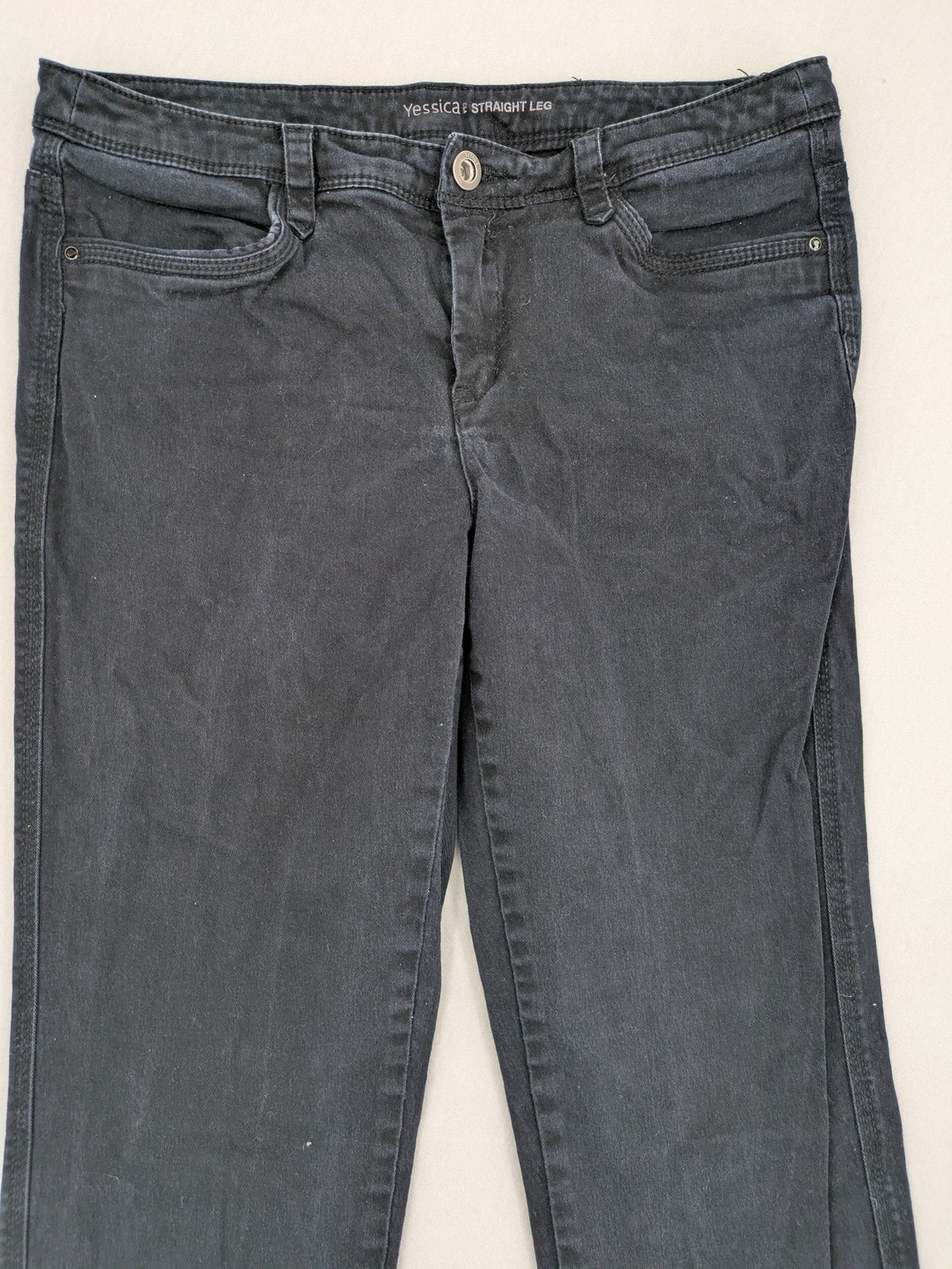 Yessica black straight leg jeans 5-pocket design cotton blend with stretch.