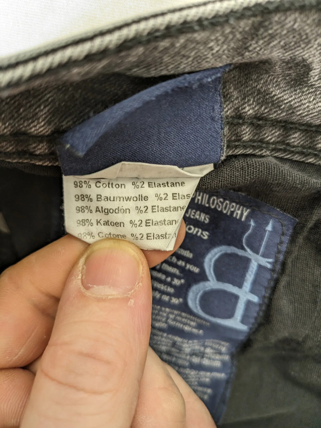 Denim grey straight jeans 5-pocket design with subtle brand details and zipper closure.