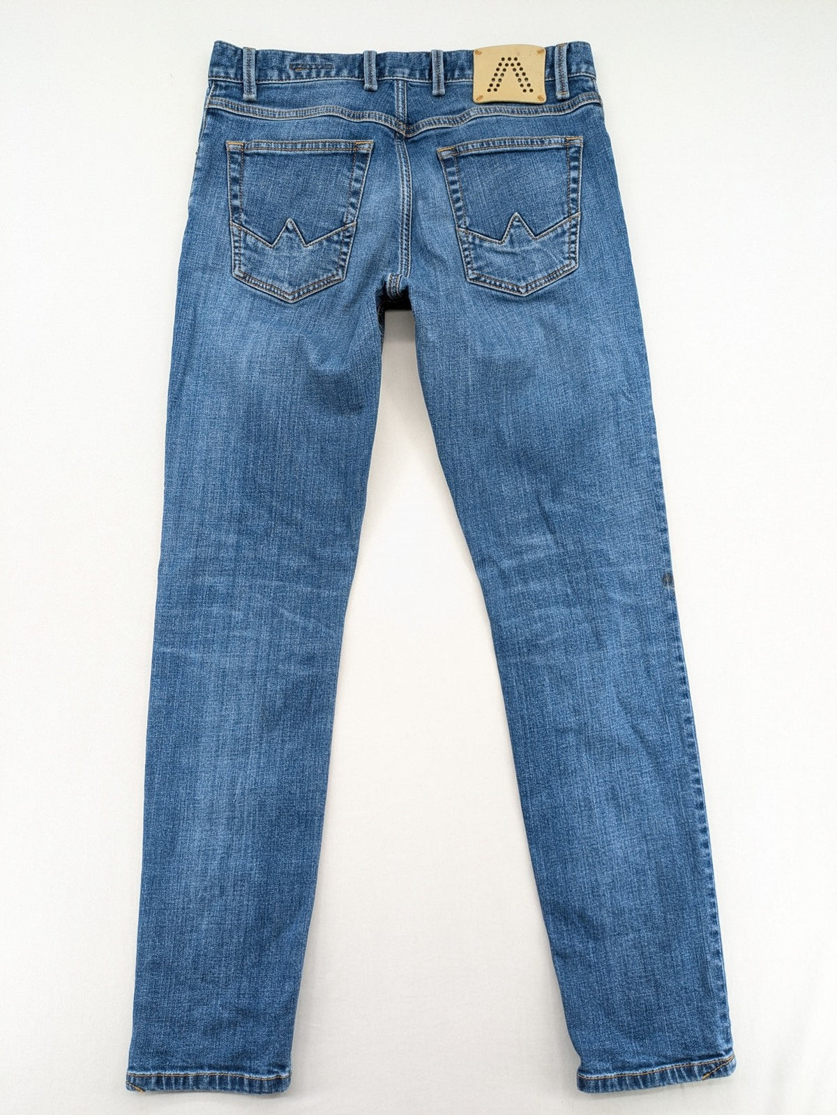 ALBERTO blue straight jeans with orange stitching, vintage denim, regular slim fit.