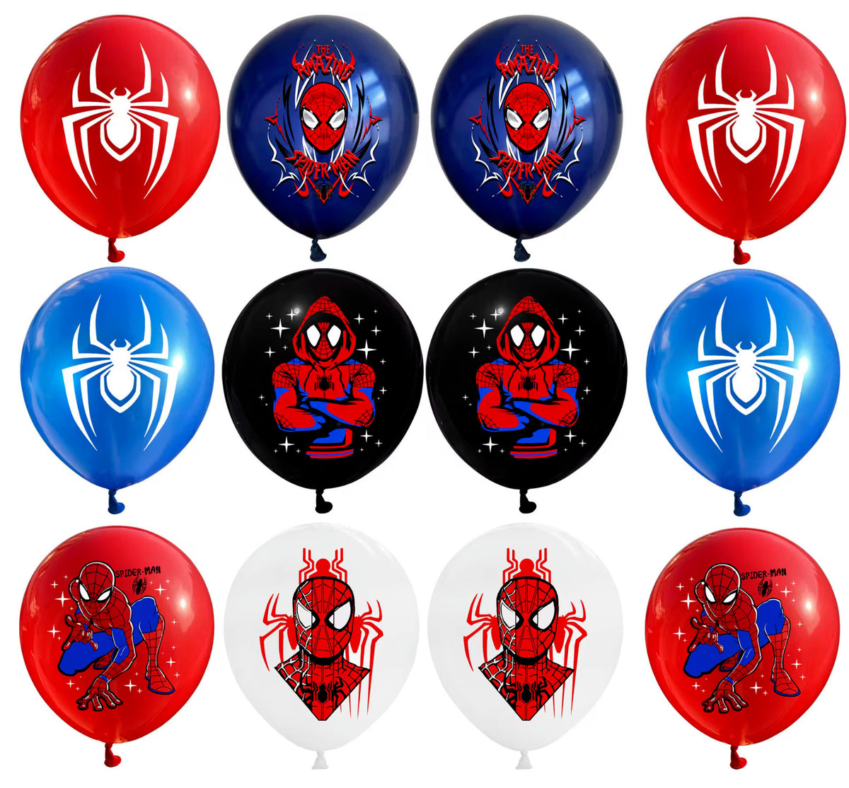 Spiderman party supply kit with red balloon and blue star-shaped balloon, vibrant design.