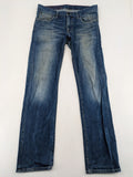 Hilfiger Denim blue straight jeans faded wash with Tommy Hilfiger flag logo on pocket.