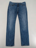Drykorn blue straight jeans with stretch denim, classic fit, and logo patch on waistband.