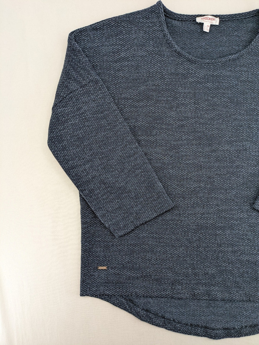Stooker blue turtle neck jumper with melange knit texture and 3/4 sleeves.