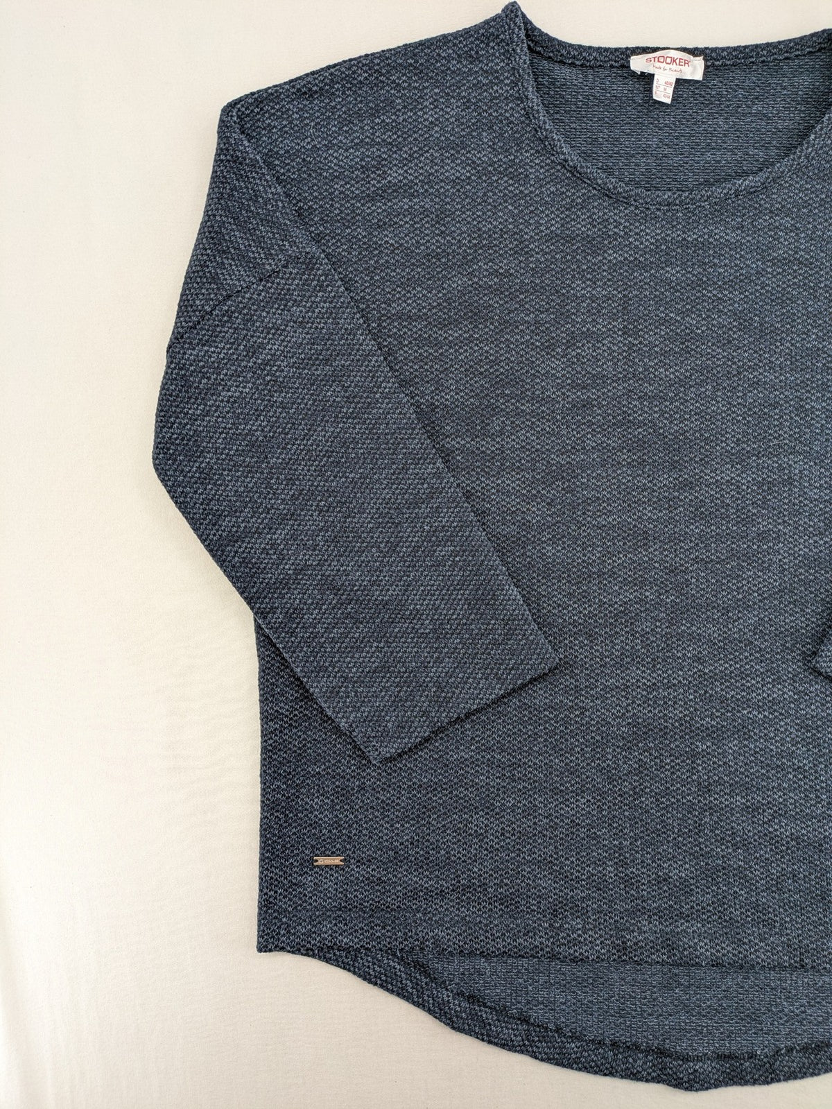 Stooker blue turtle neck jumper with melange knit texture and 3/4 sleeves.
