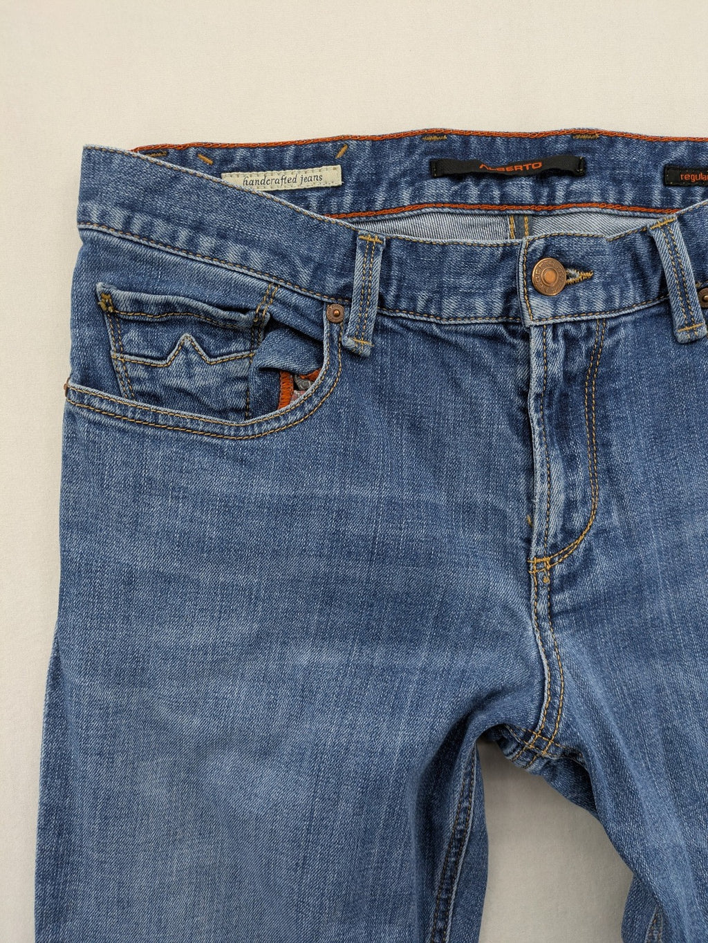 ALBERTO blue straight jeans with orange stitching, vintage denim, regular slim fit.