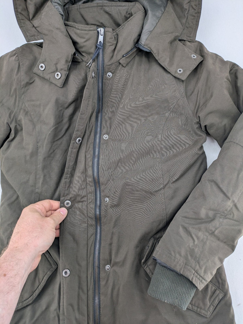 ONLY khaki parka coat with hood, quilted lining, and ribbed cuffs.
