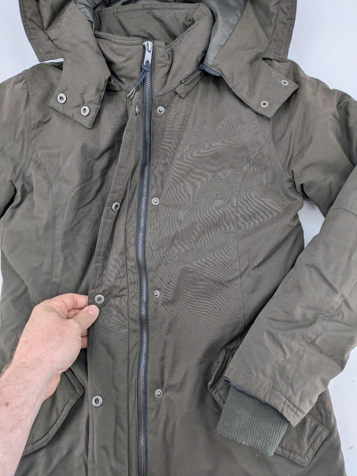 ONLY khaki parka coat with hood, quilted lining, and ribbed cuffs.