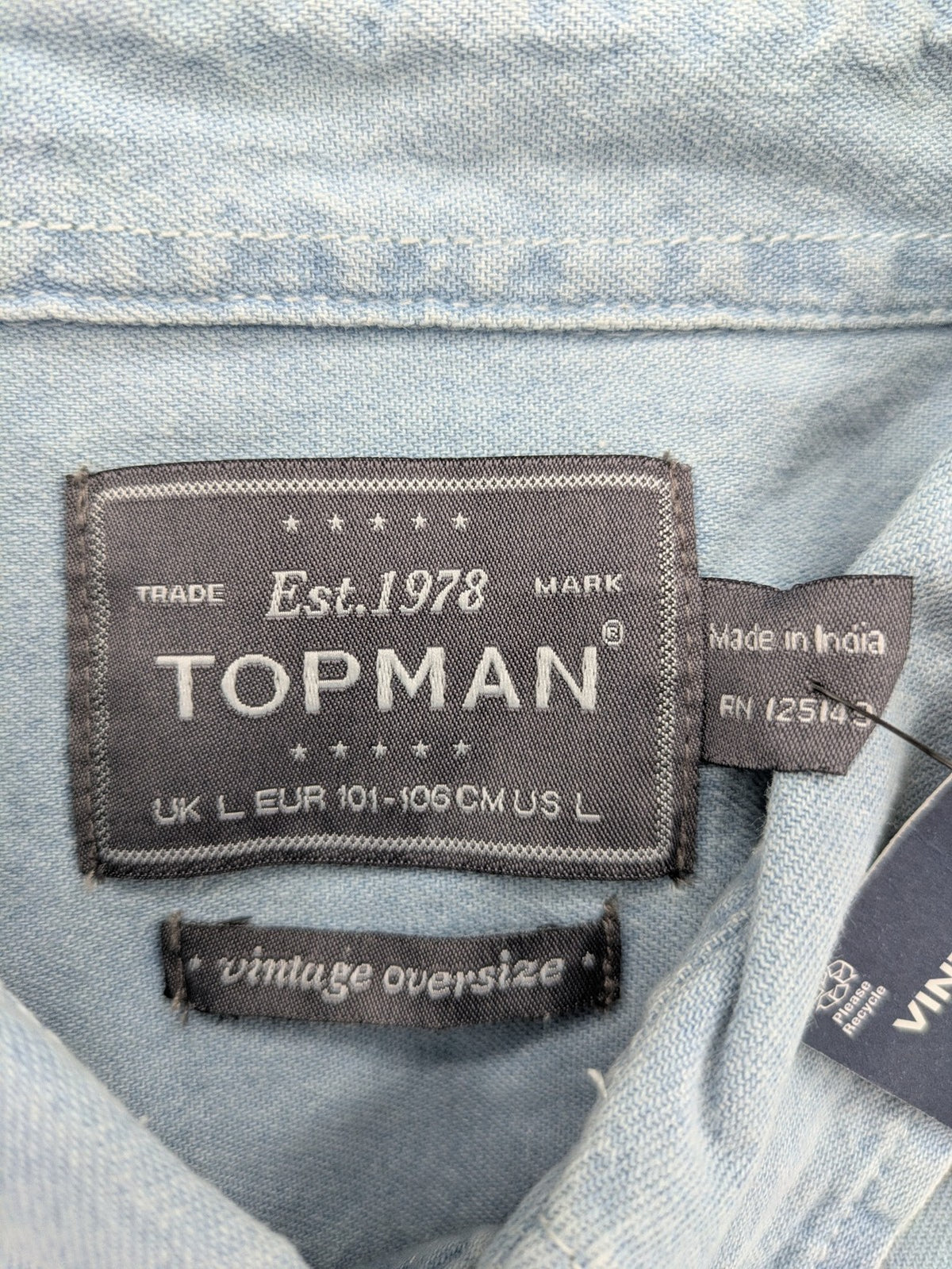 Topman vintage oversized denim shirt blue with floral and insect pattern, button-down style.