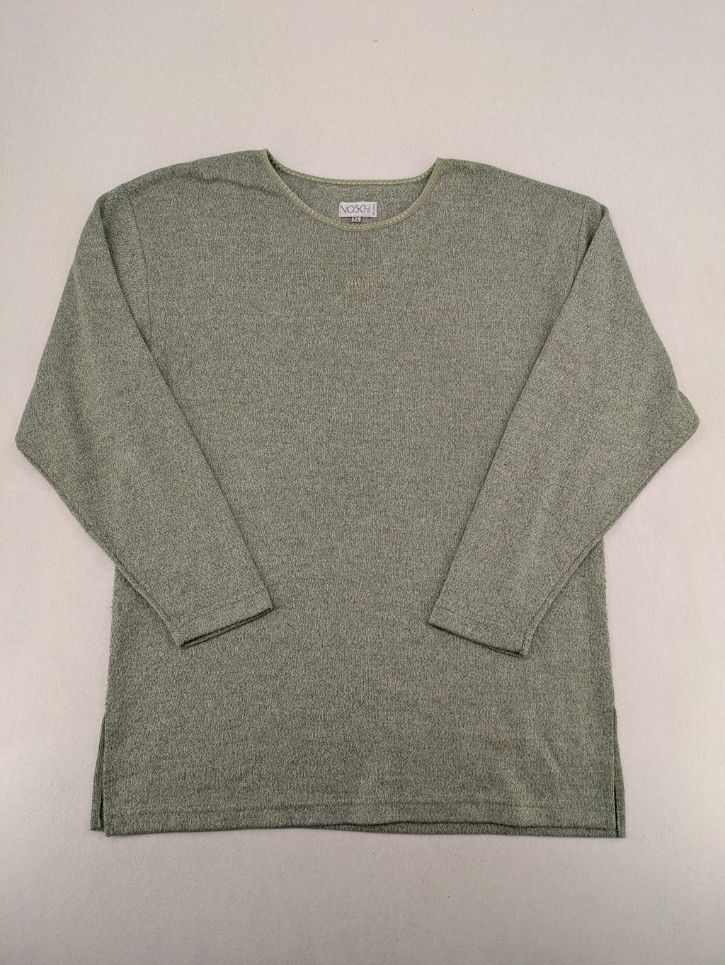 NOSCH knit jumper grey textured fabric with embroidered logo and subtle rhinestone accents.