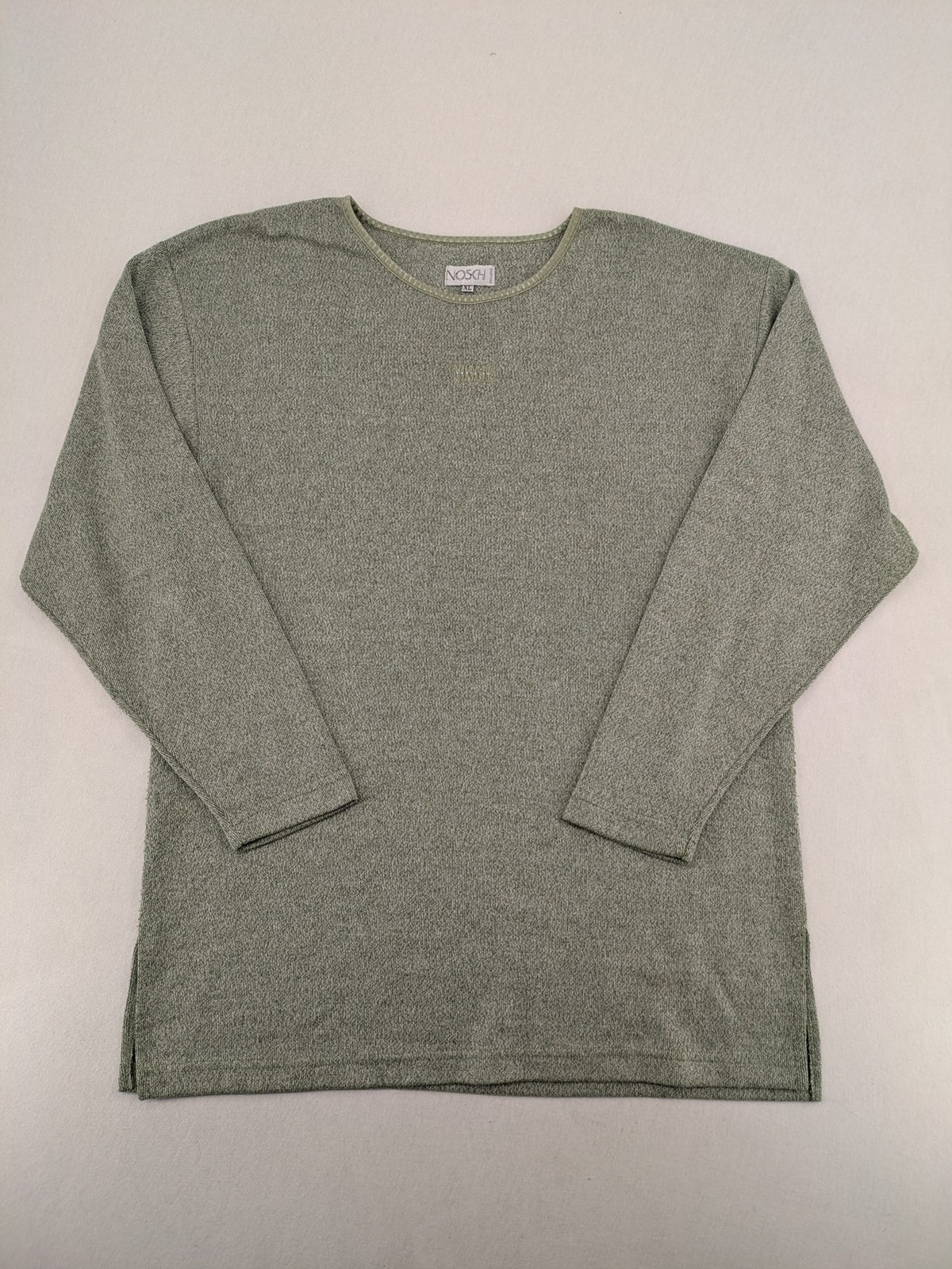 NOSCH knit jumper grey textured fabric with embroidered logo and subtle rhinestone accents.