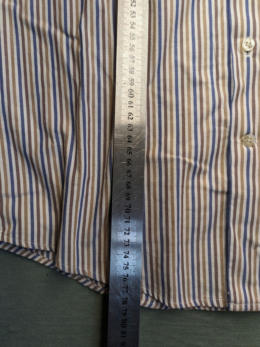 Seidensticker beige button-up shirt vertical striped pattern blue and brown, cotton material.