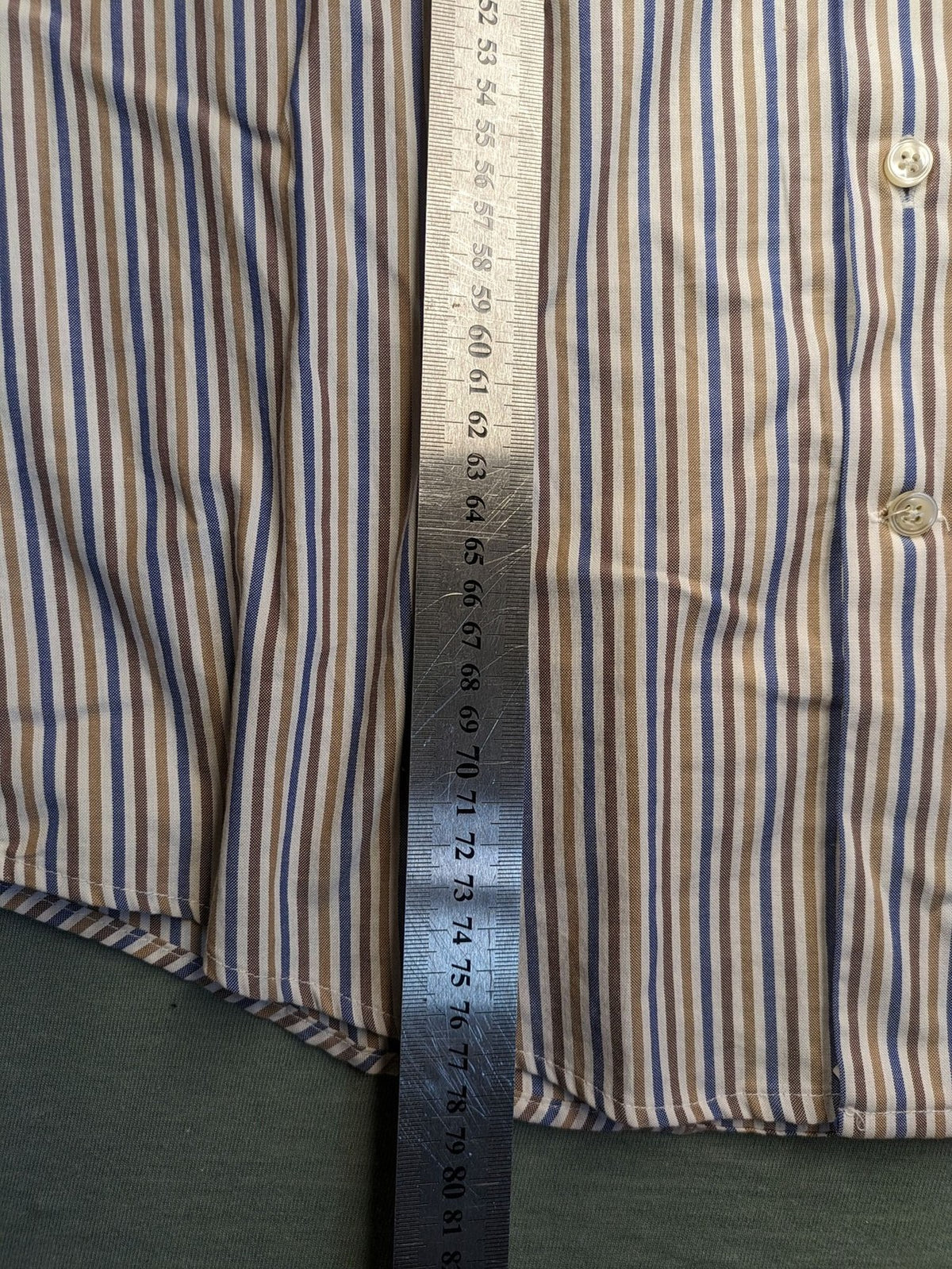 Seidensticker beige button-up shirt vertical striped pattern blue and brown, cotton material.