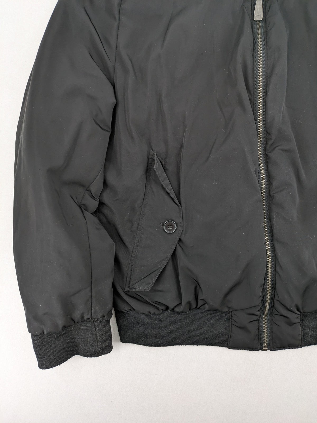 Rover & Lakes black bomber jacket padded interior, stand collar, zip front, multiple pockets.
