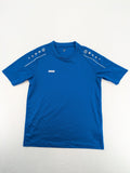Jako blue short-sleeve training shirt with logo details and breathable polyester material.