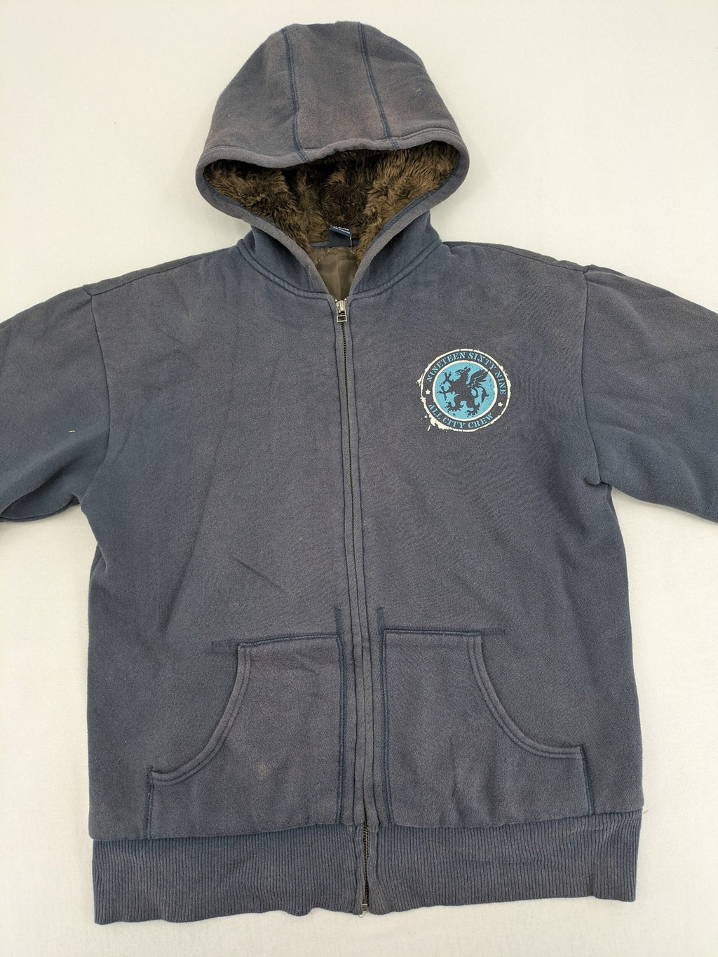 Gap Kids blue and grey zip-up hoodie with "All City Crew" logo and Sherpa lining.