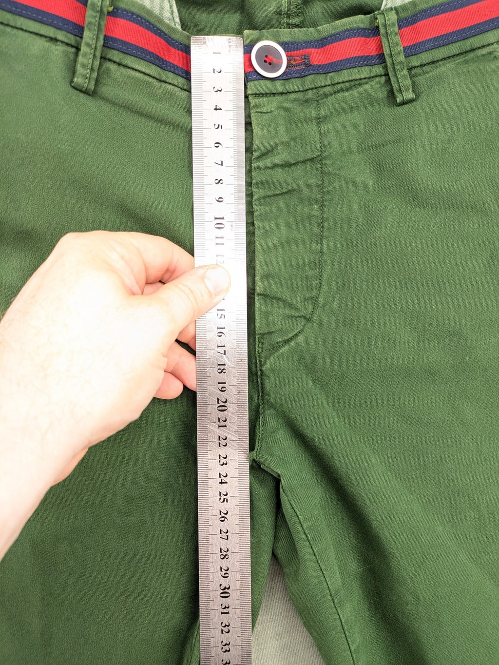 Mason's green chino pants with striped red and blue waistband, cotton stretch material.