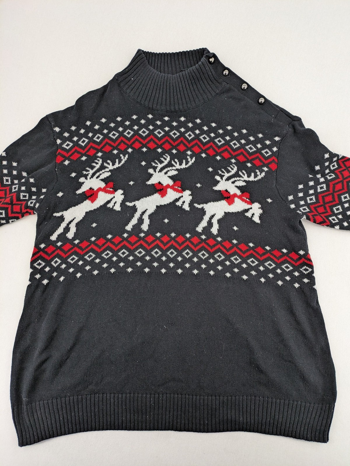 BPC Bonprix grey red white turtle neck jumper with reindeer Fair-Isle pattern and decorative buttons.